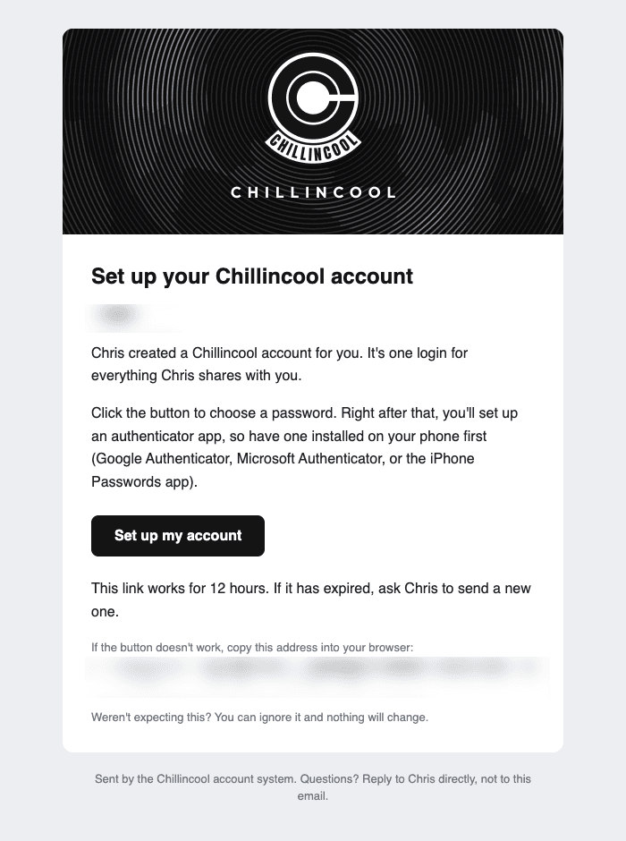 An account invite email